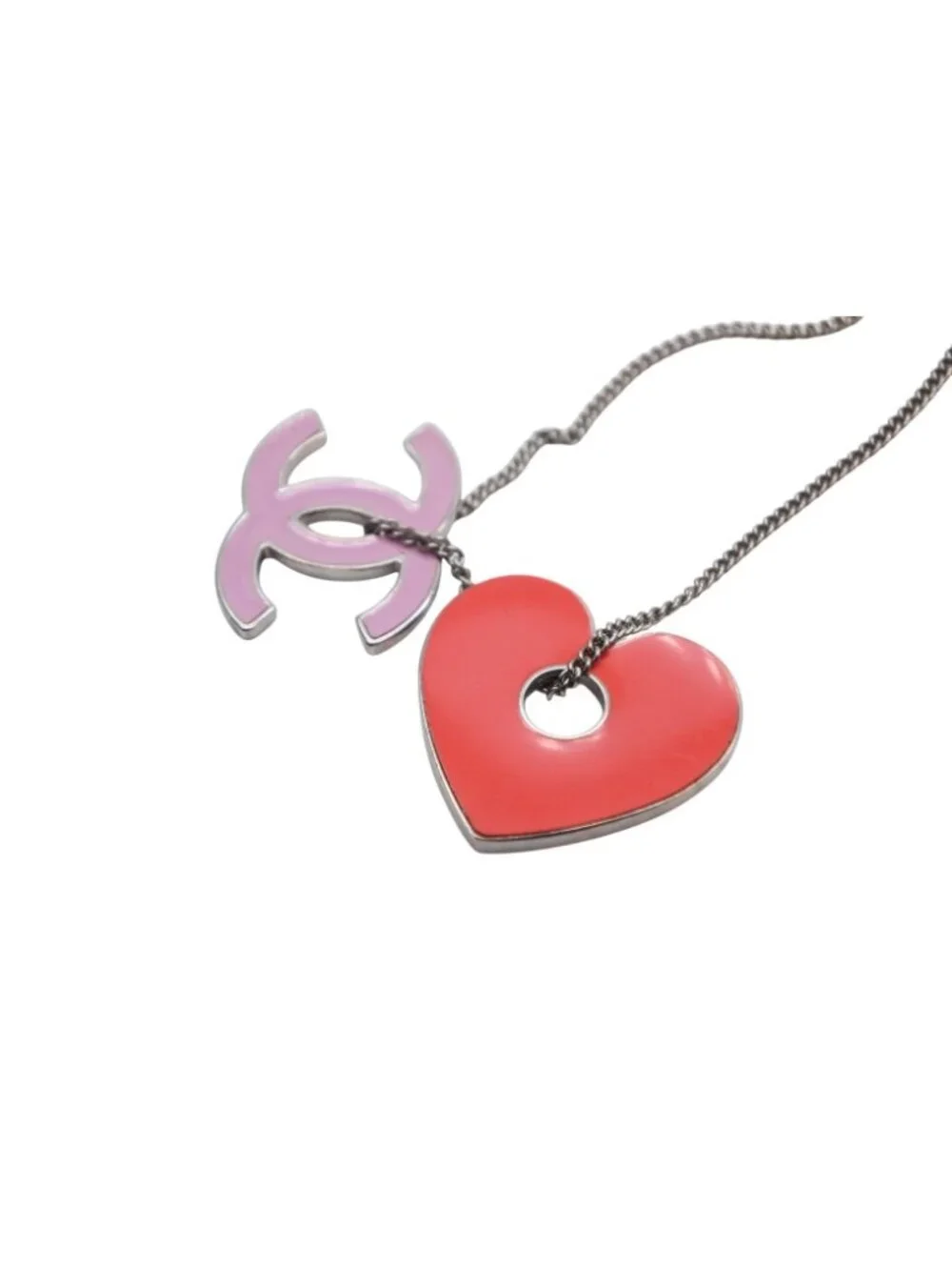 Chanel CC Logo Heart Necklace Metal Pink Red Silver